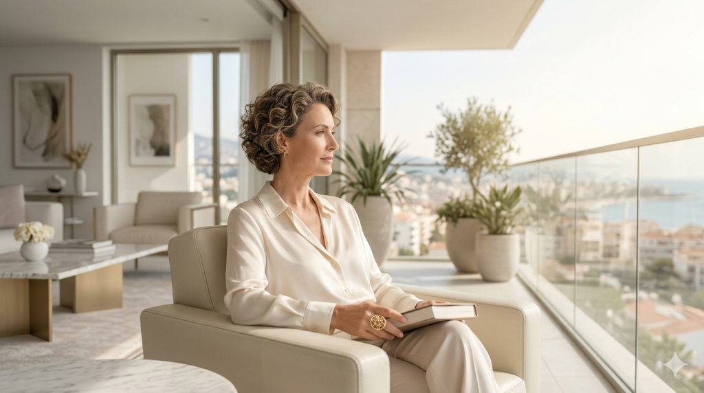 Access the Key to Your Mind’s Prison A highly detailed, photorealistic architectural photography style image of an elegant, sophisticated woman over 40 with a serene expression. She is standing on a minimalist, high-end marble balcony overlooking a calm, sun-drenched horizon. She wears a cream-colored silk blouse and subtle champagne gold jewelry featuring a small sacred geometry pendant. The lighting is luminous and airy, with sunlight streaming through floor-to-ceiling glass doors of a luxury modern home. The color palette consists of bright whites, soft pastel blues, and cream. In the background, a minimalist office space with a singular white orchid and a stack of leather-bound books is visible with a soft focus. The overall mood is "Sovereign Daily Life": peaceful, successful, and high-frequency. No text, no cartoons. Realistic human figures. 8k resolution, cinematic lighting.