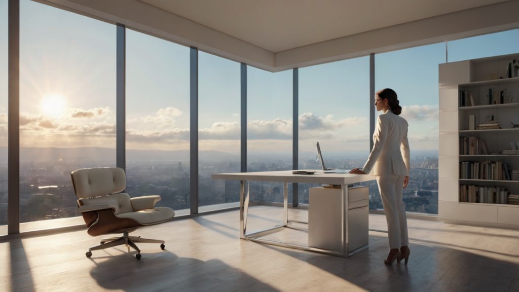A high-end, minimalist home office in a glass-walled penthouse overlooking a serene, sun-drenched landscape. The interior features "Quiet Luxury" aesthetics: bright whites, soft pastel blue silk accents, and subtle champagne gold hardware on a sleek marble desk. A single, elegant cream-colored notebook and a bespoke fountain pen sit on the desk. Sunlight streams through floor-to-ceiling windows, creating a luminous, airy atmosphere with cinematic lighting. In the background, a soft-focus view of a modern architectural garden. A woman of sovereign presence, dressed in a crisp white tailored suit, stands with her back to the camera, looking out the window in a moment of deep contemplation. 8k resolution, photorealistic, architectural photography style, sophisticated and calm. No text.