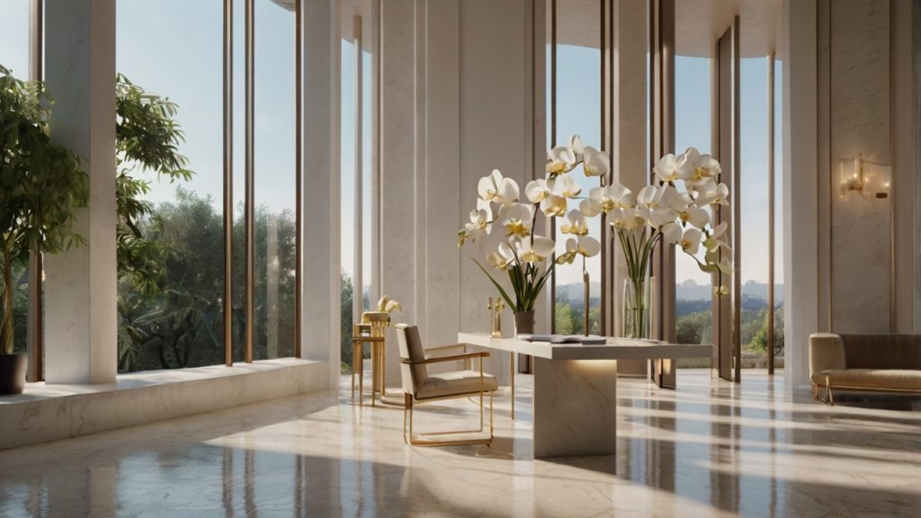 A photorealistic, cinematic wide shot of a high-end, minimalist modern home office in the "Quiet Luxury" style. Luminous sunlight streams through floor-to-ceiling glass windows, illuminating a pristine white marble desk. On the desk sits a sleek, champagne-gold laptop, a single white orchid in a textured ceramic vase, and an open leather-bound planner. The color palette is a sophisticated blend of bright whites, soft cream, and very pale pastel blues. In the background, a soft-focus view of a serene, architectural garden. A woman, dressed in a tailored cream silk blouse, is captured in a moment of quiet success, looking thoughtfully out at the horizon. The lighting is airy, high-key, and ethereal. 8k resolution, architectural photography style, no text, no cartoons.